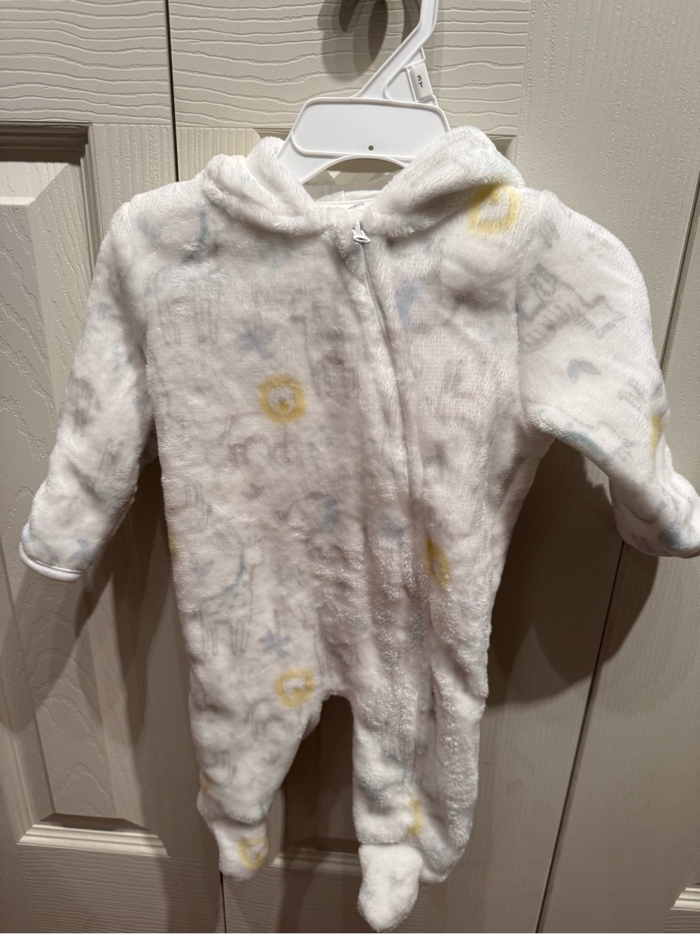 Cozy Plush Hooded Footie One-Piece in White with Pale Blue & Yellow Accents